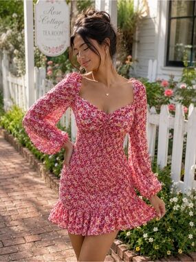 Burans Fashion Pink Floral Smocked Mini Dress | Size 6 | Cottagecore Puff Sleeve